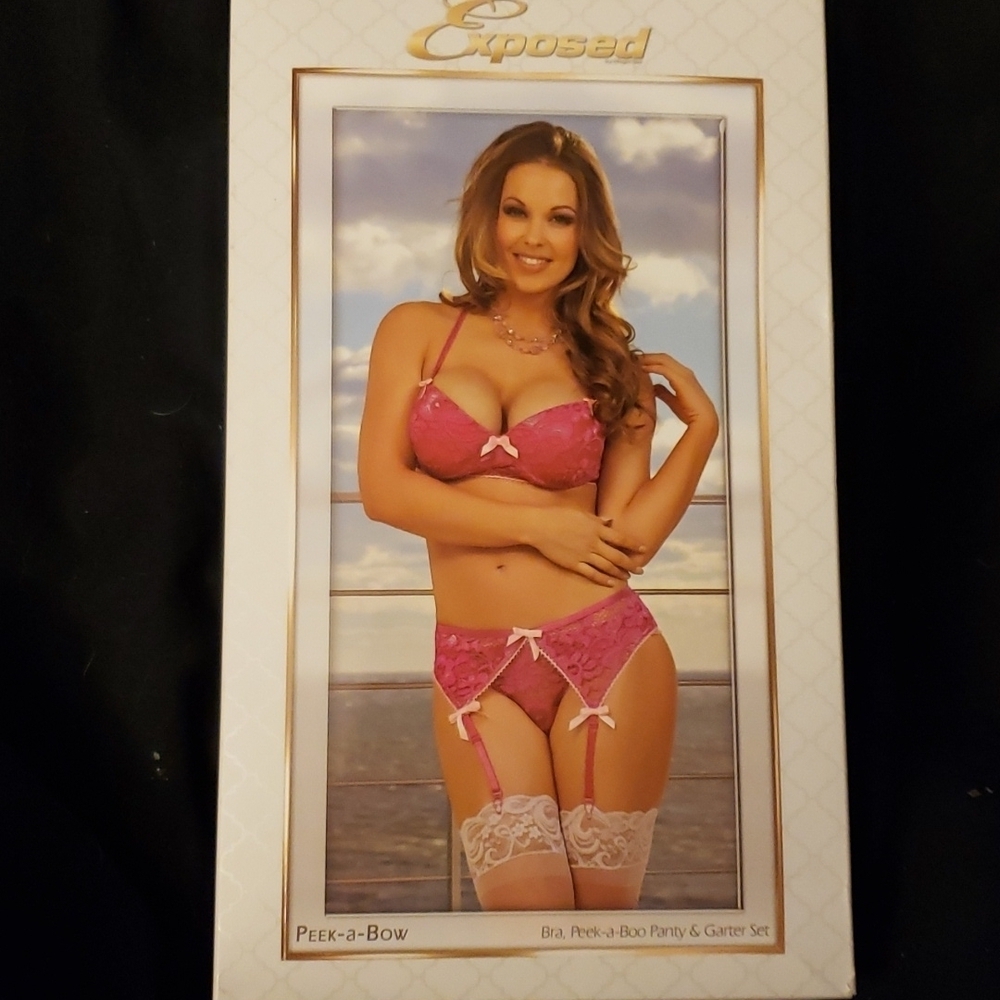 Magic Silk Pink Peek-a-Bow Bra, Panty & Garter Set Size S/M